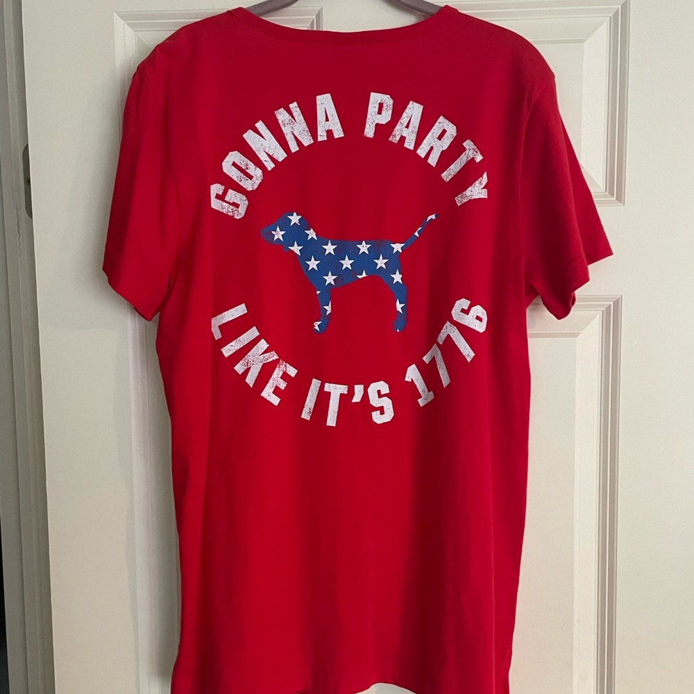PINK Victoria's Secret Red Tee with Star-Spangled Dog Graphic